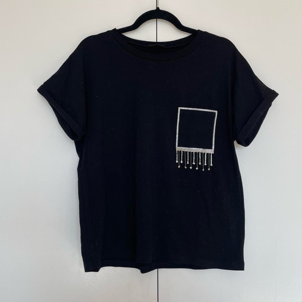 Black Boxy T-shirt with Sparkly Rhinestone Embellished Pocket | Size XL - Picture 4 of 7